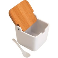 Saleiro 9x9,5x8,5cm De Mesa De Ceramica Com Tampa De Bambu E Colher Bianco